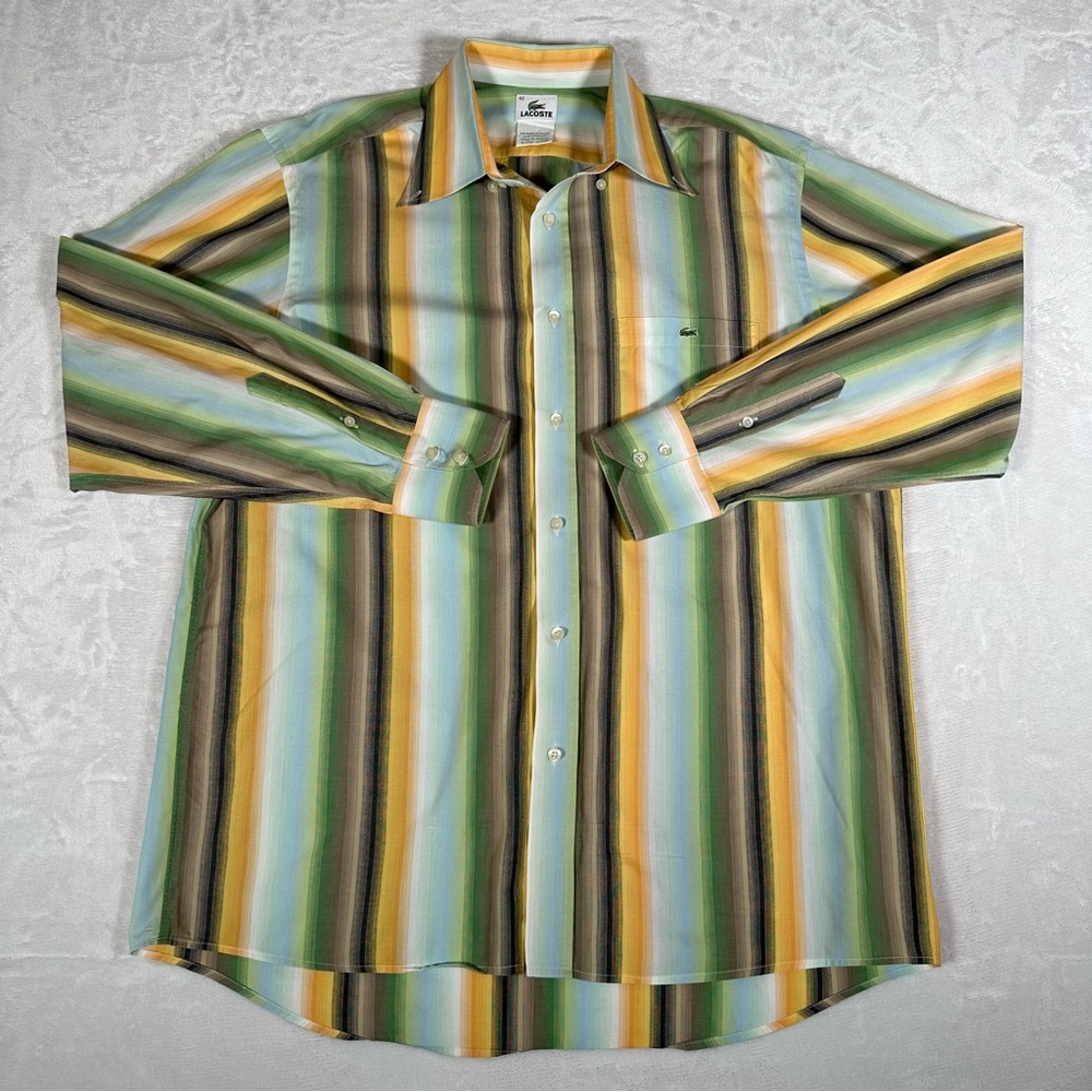 VTG Lacoste Shirt Men Size 42 Striped Long Sleeve Single Pocket 100% Cotton Logo